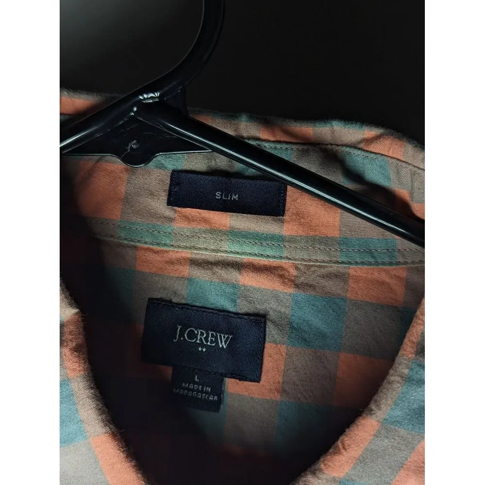 J Crew L button down plaid Shirt Mens Pinkish Blue Button Up‎ Long Sleeve